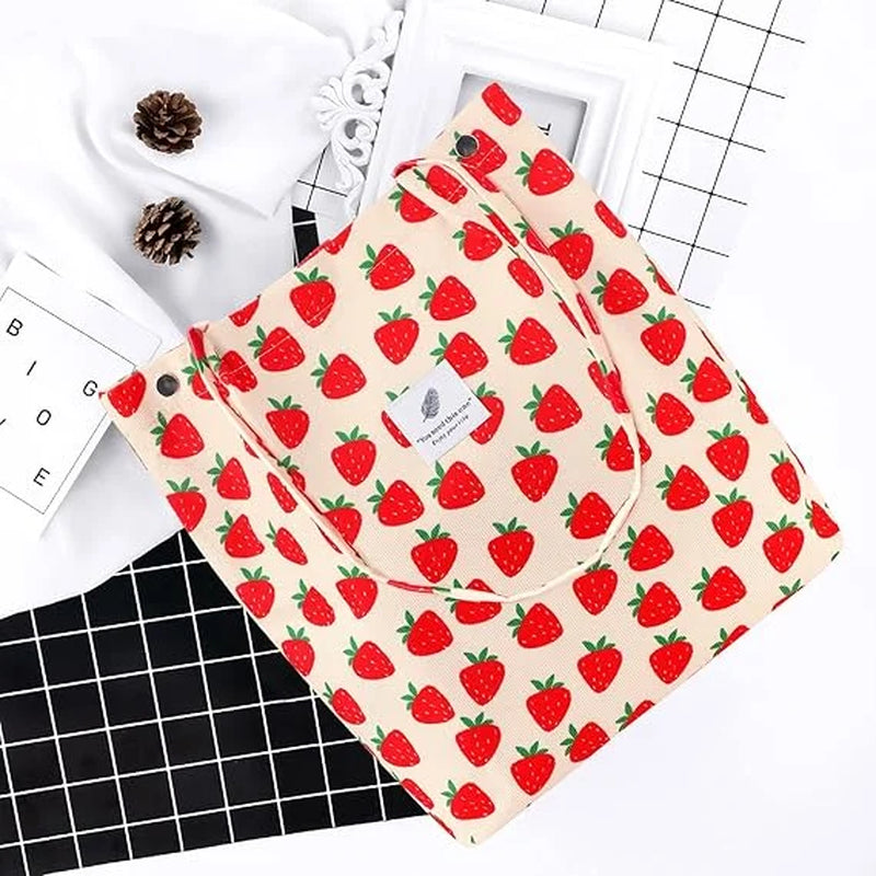 Stylish Strawberry Corduroy Tote Bag for Women - Canvas Shoulder Purse with Inner Pocket