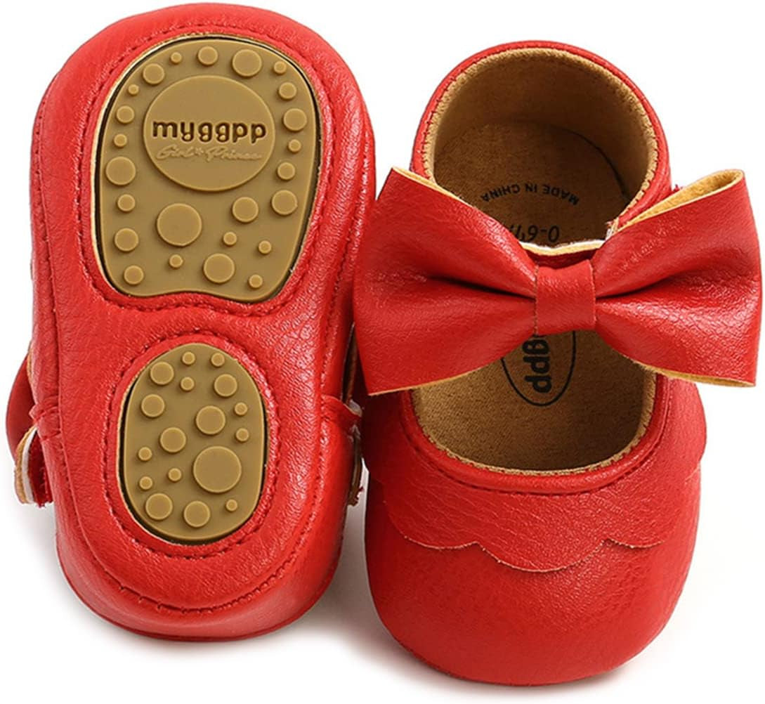 LAFEGEN Adorable Infant Girls' Mary Jane Flats with Bow Knot - Non-Slip Soft Sole PU Leather First Walker Dress Shoes