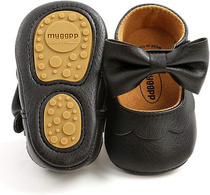 LAFEGEN Adorable Infant Girls' Mary Jane Flats with Bow Knot - Non-Slip Soft Sole PU Leather First Walker Dress Shoes