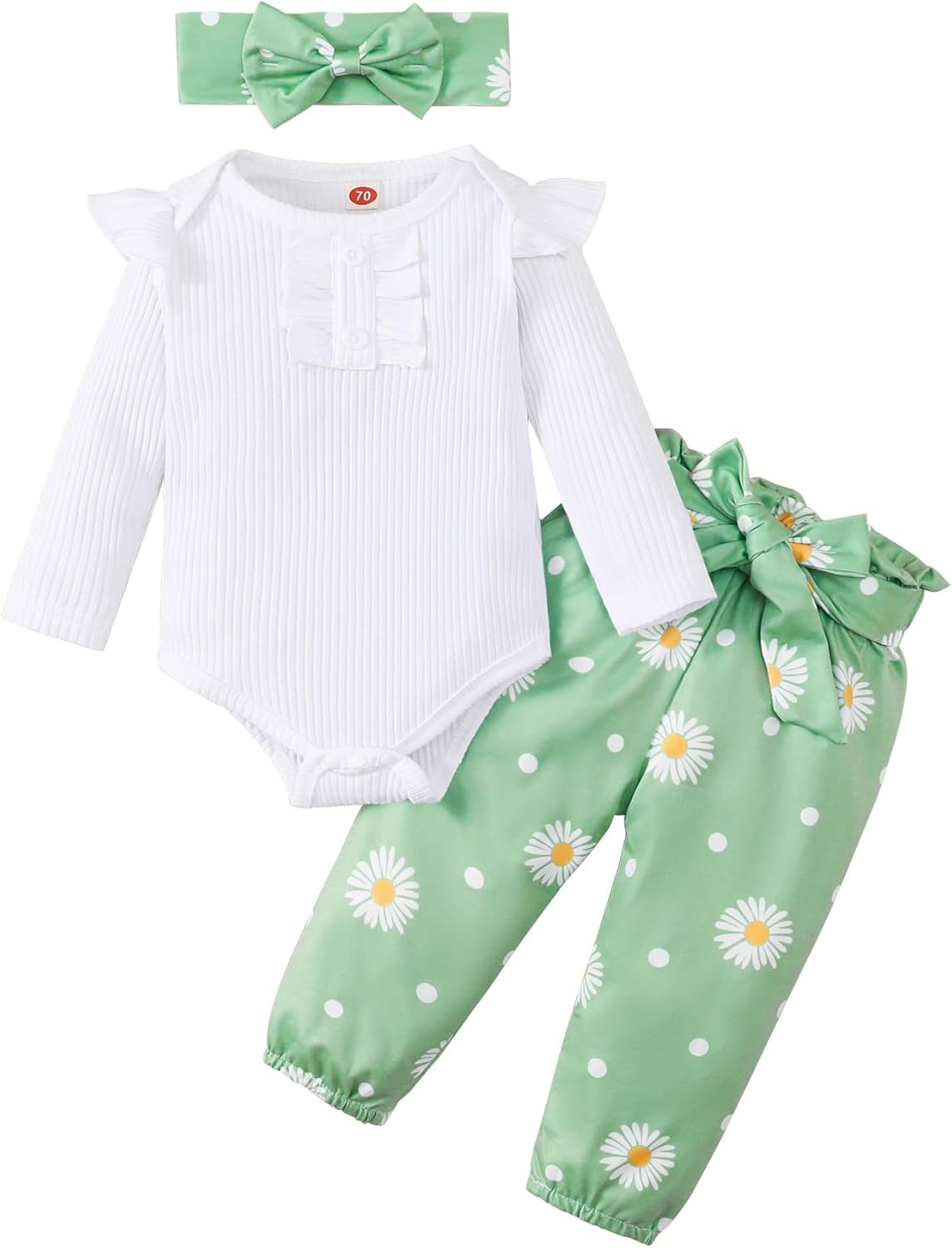 Adorable Kislio Newborn Baby Girls Outfit Set - Ribbed Ruffled Romper, Floral Pants & Matching Headband
