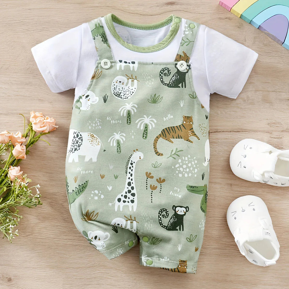 Infant Zoo Animal Print Romper for Boys - Short Sleeve Faux Two-Piece Bodysuit for Casual Playwear