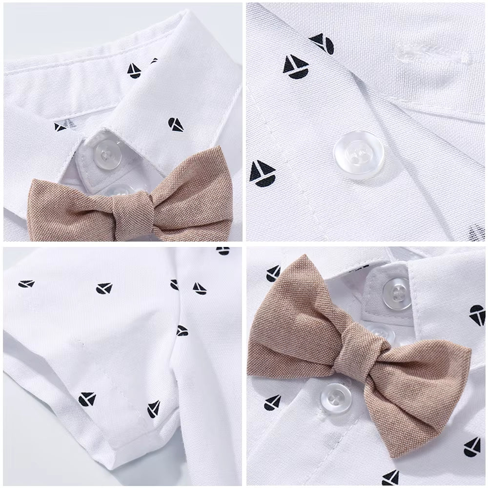 Newborn Boys' Gentleman Outfit Set: Bow Tie, Hat, Sailboat Print Romper, and Suspender Shorts
