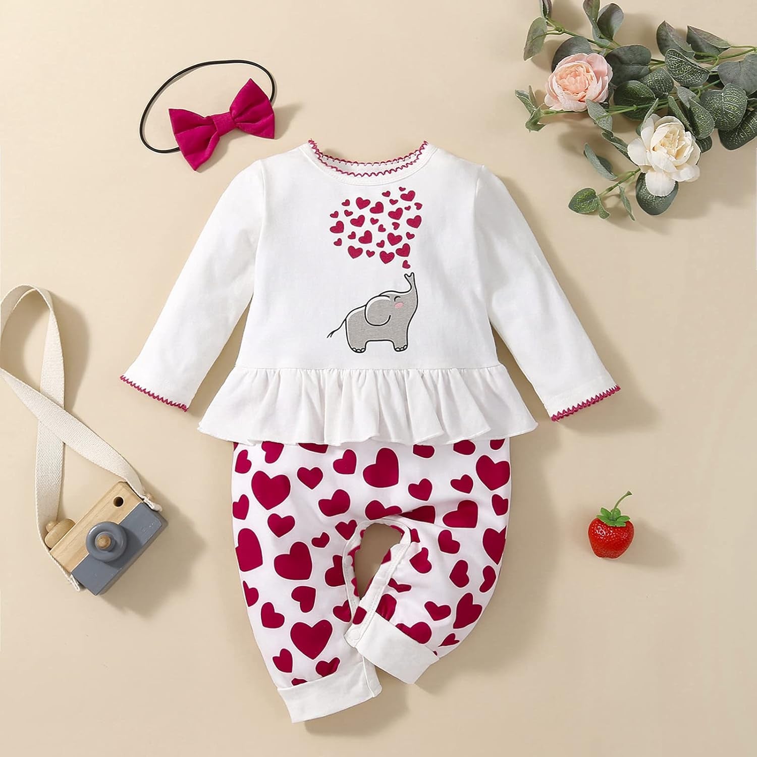 Adorable Newborn Baby Girl Fall Outfit - Long Sleeve Love Elephant Romper Jumpsuit with Matching Headband (White Red, 12-18 Months)