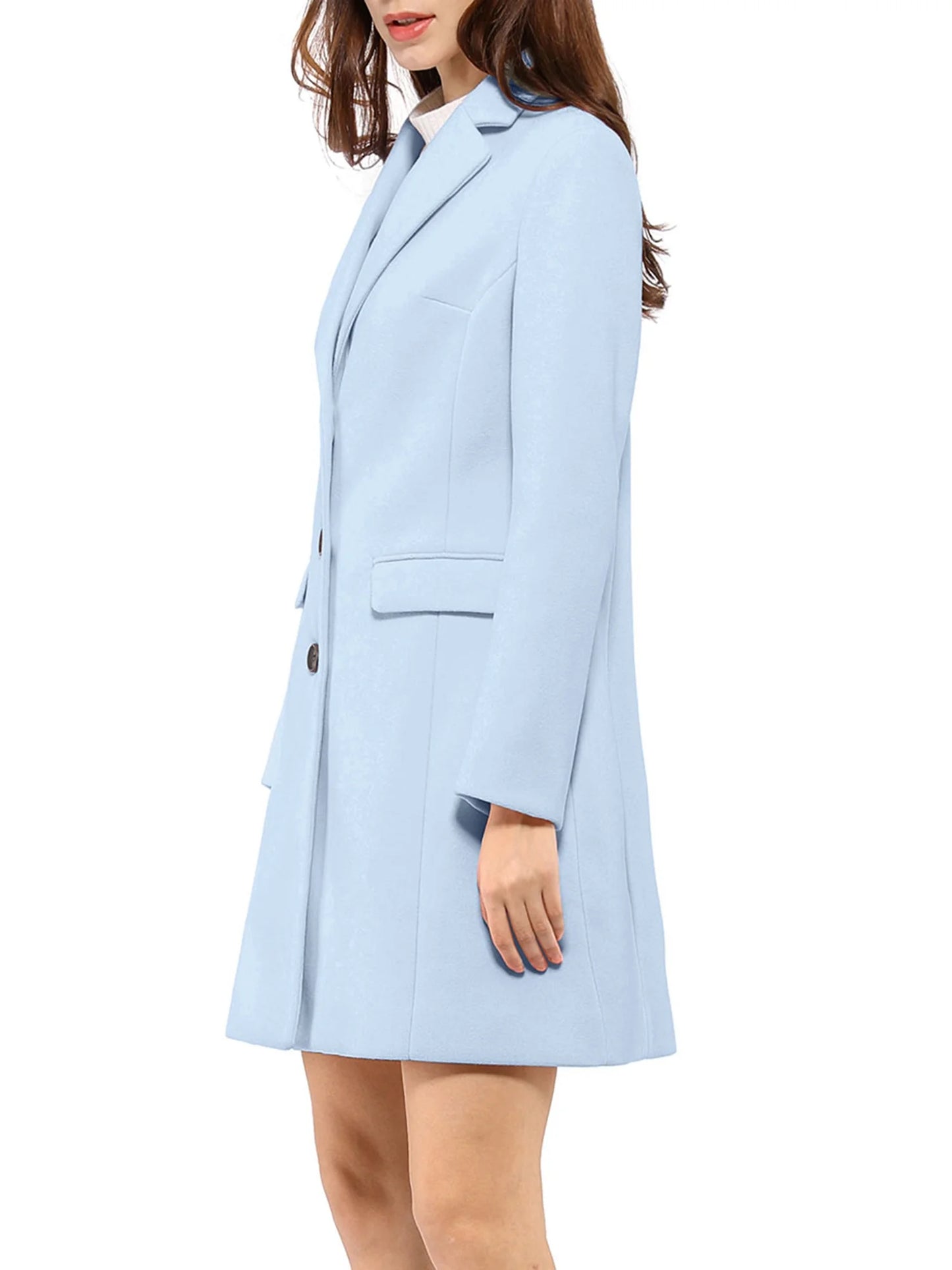 Women's Notched Lapel Long Sleeve Single Breasted Peacoat in Light Blue for Fall and Winter