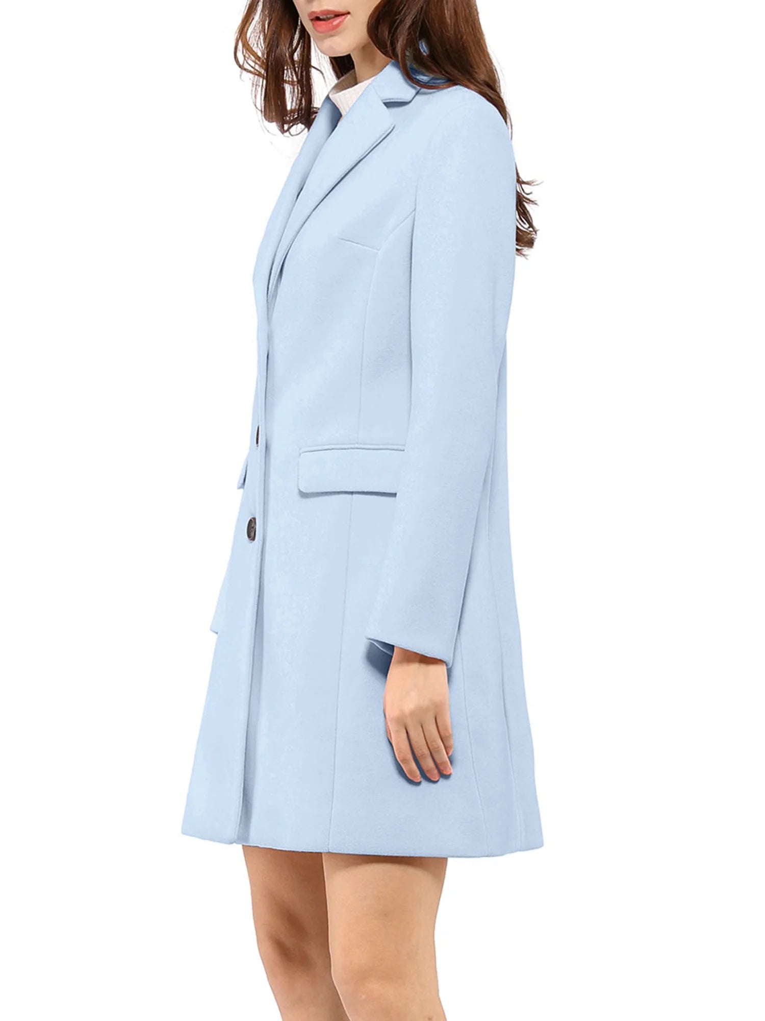 Women's Notched Lapel Long Sleeve Single Breasted Peacoat in Light Blue for Fall and Winter
