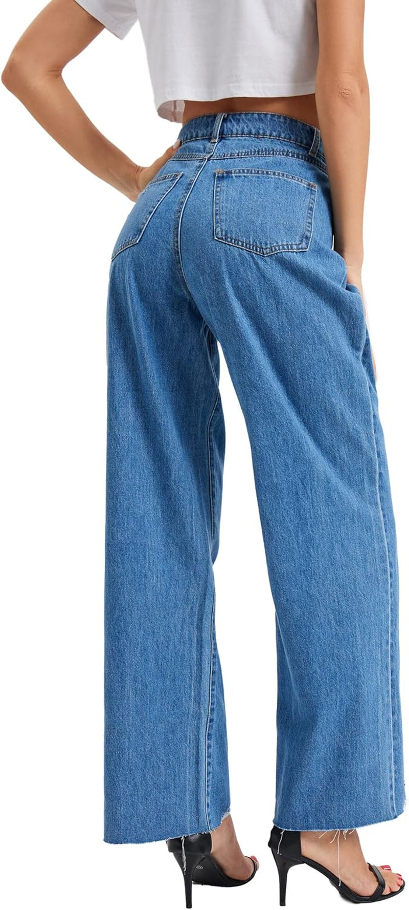 Women's High-Waist Wide Leg Denim Jeans - Casual Straight Leg Cropped Pants