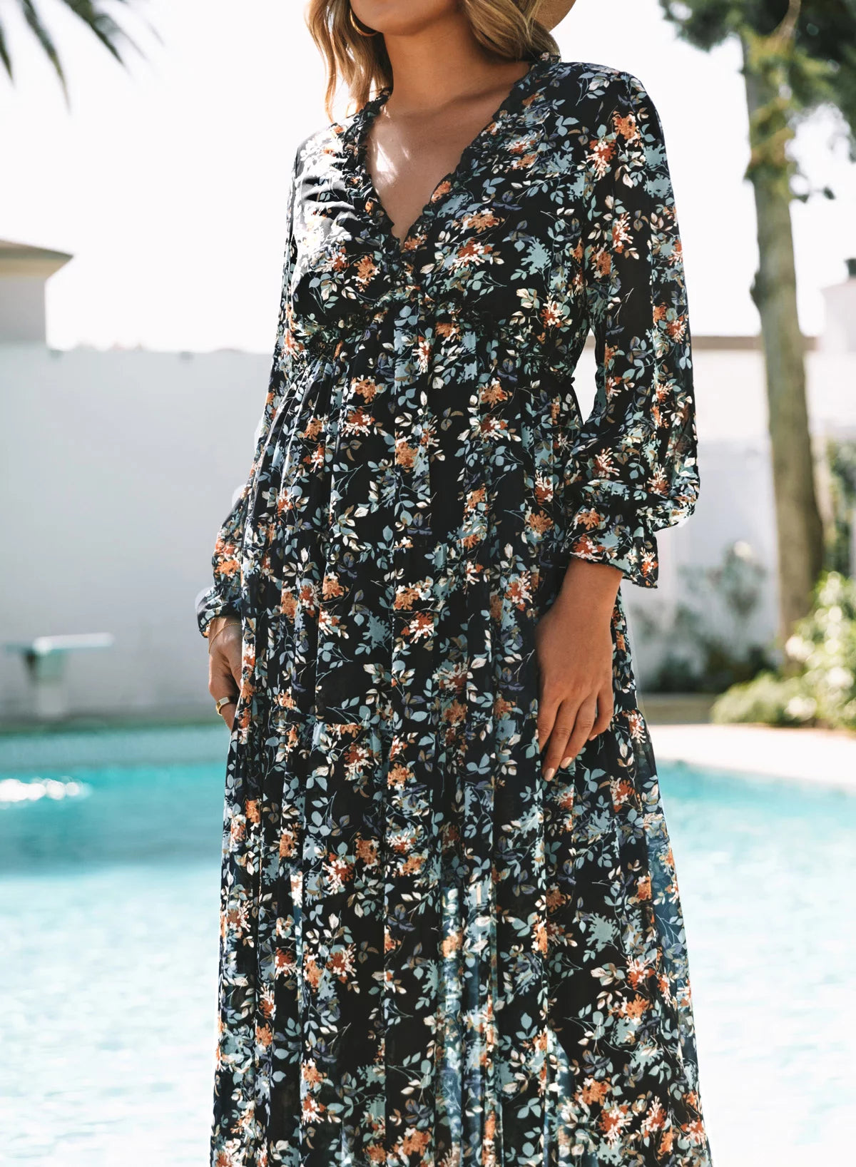 Blue Floral Print Maxi Dress for Women - Fall Chiffon Deep V-Neck Long Sleeve Ruffle Hem Party Dress with Elastic Cuffs, Boho Style for Holiday Vacation, Size US 4-6 (S)