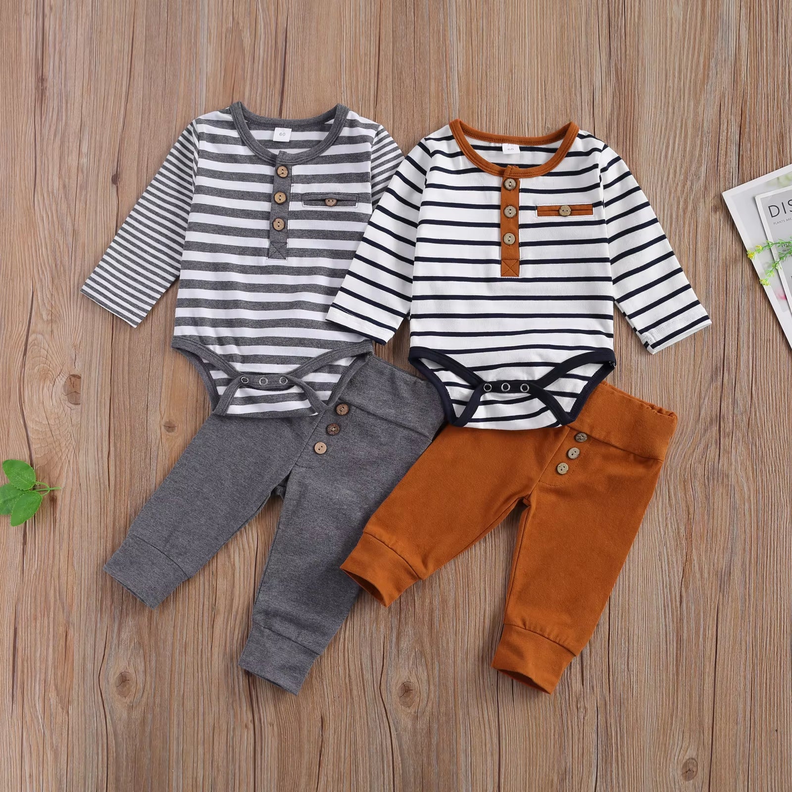 2-Piece Baby Casual Outfit Set Featuring Round Neck Long Sleeve Striped Romper and Button Detail Loose Trousers