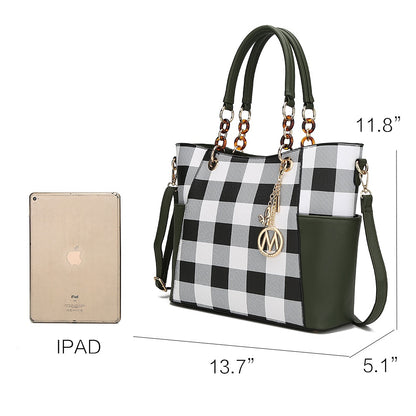 Bonita Checker Vegan Leather Tote Bag & Wristlet Wallet Set - Stylish Cognac Handbag by Mia K.