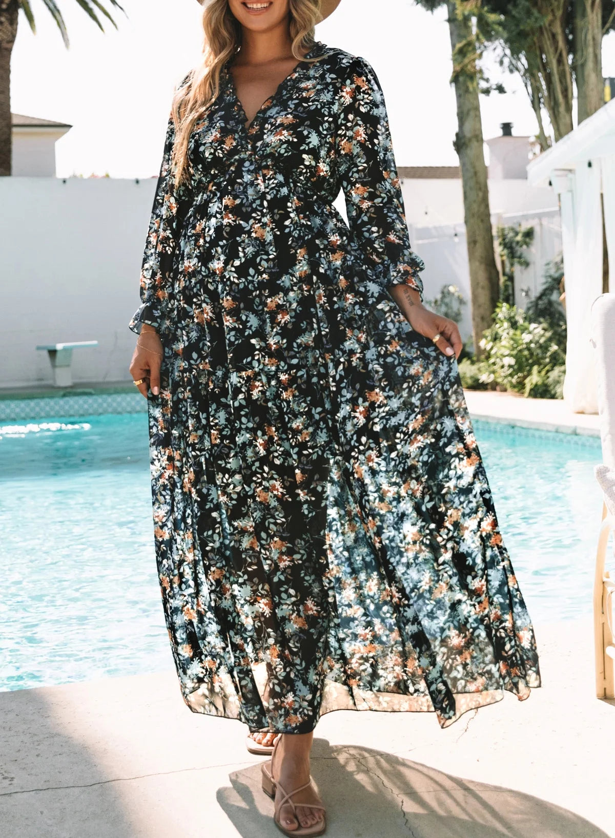 Blue Floral Print Maxi Dress for Women - Fall Chiffon Deep V-Neck Long Sleeve Ruffle Hem Party Dress with Elastic Cuffs, Boho Style for Holiday Vacation, Size US 4-6 (S)
