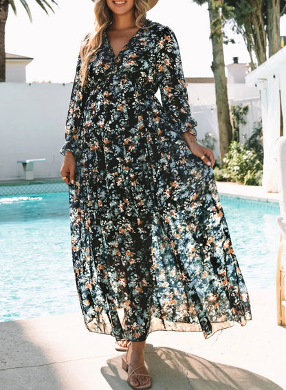 Blue Floral Print Maxi Dress for Women - Fall Chiffon Deep V-Neck Long Sleeve Ruffle Hem Party Dress with Elastic Cuffs, Boho Style for Holiday Vacation, Size US 4-6 (S)
