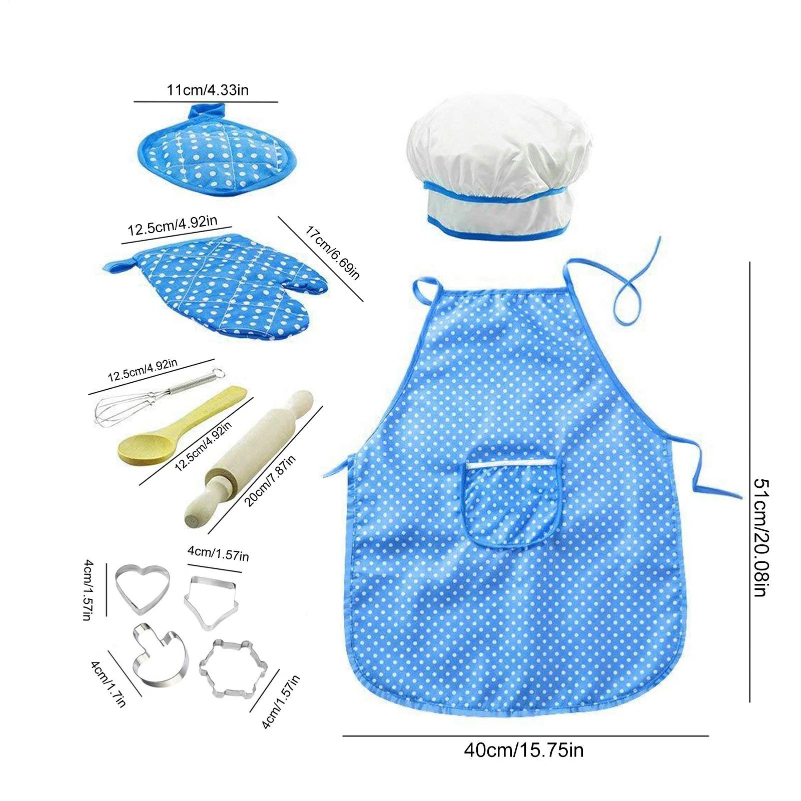 Deluxe Kids Cooking Set - 11-Piece Chef Role Play Kit for Girls Ages 3-6 with Apron, Chef Hat, Oven Mitt, Utensils & Baking Tools - Perfect Birthday & Festival Gift in Blue!