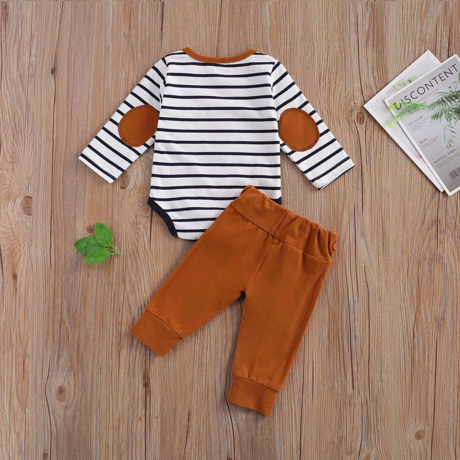 2-Piece Baby Casual Outfit Set Featuring Round Neck Long Sleeve Striped Romper and Button Detail Loose Trousers