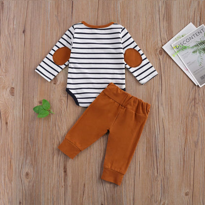 2-Piece Baby Casual Outfit Set Featuring Round Neck Long Sleeve Striped Romper and Button Detail Loose Trousers