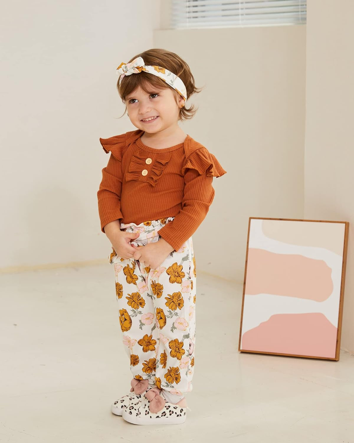 Adorable Kislio Newborn Baby Girls Outfit Set - Ribbed Ruffled Romper, Floral Pants & Matching Headband
