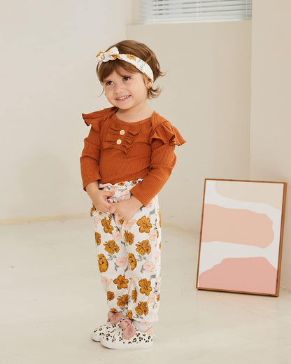 Adorable Kislio Newborn Baby Girls Outfit Set - Ribbed Ruffled Romper, Floral Pants & Matching Headband