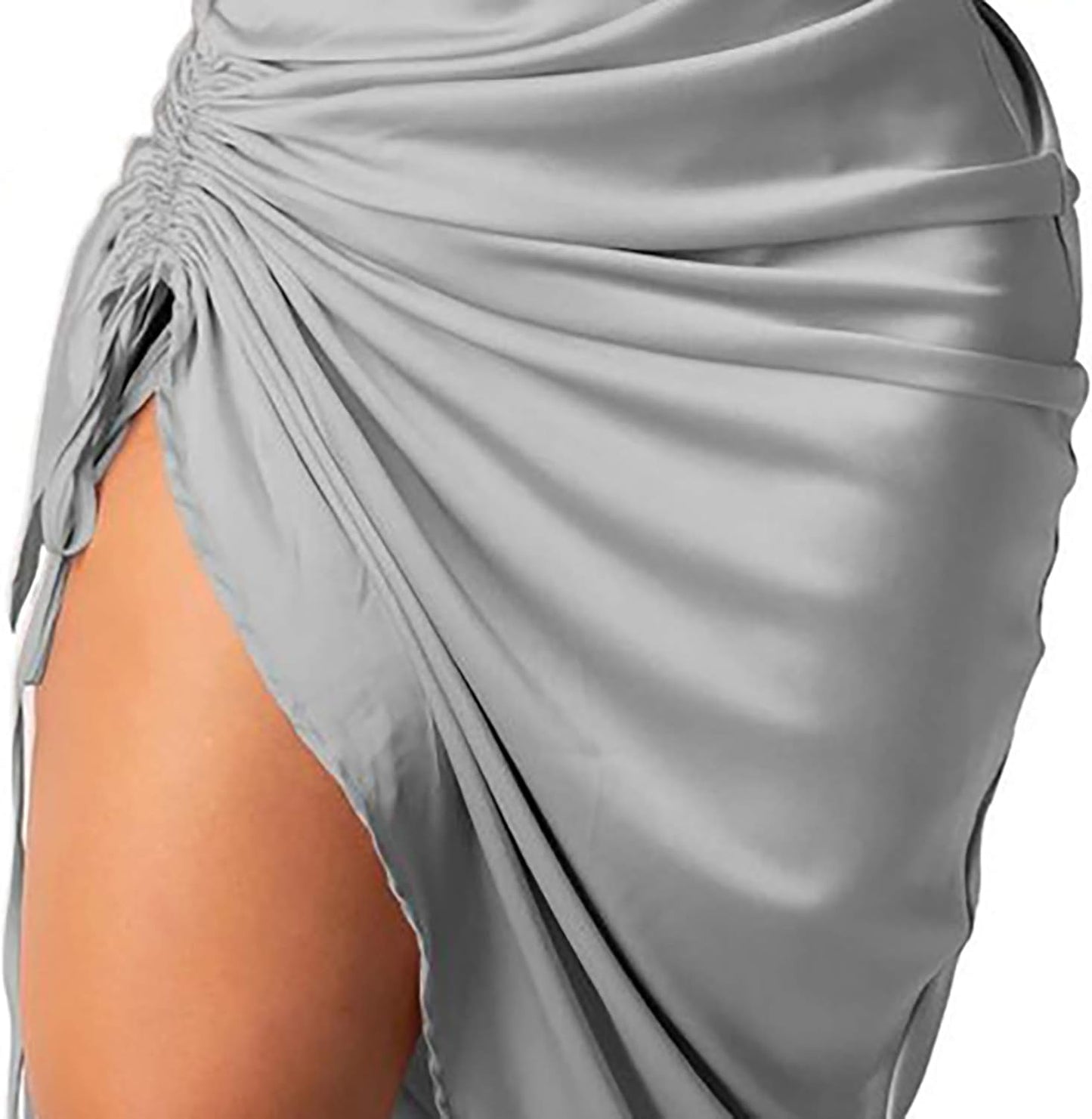 Women's Adjustable Spaghetti Strap Ruched Midi Dress with Side Slit - A-Gray, Small