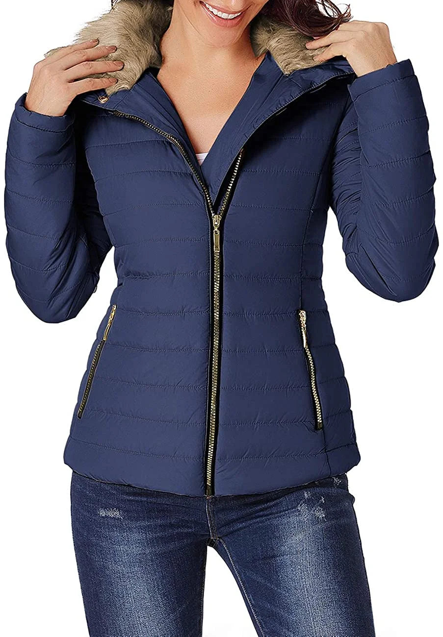 Women's Quilted Puffer Parka Coat with Faux Fur Lapel and Pockets, Sizes S-2XL