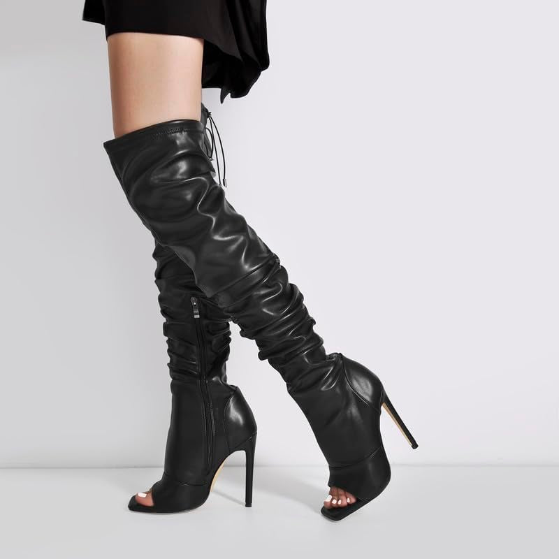 LISHAN Women's Stiletto Heel Knee and Thigh High Boots with Zipper and Peep/Closed Toe Variants