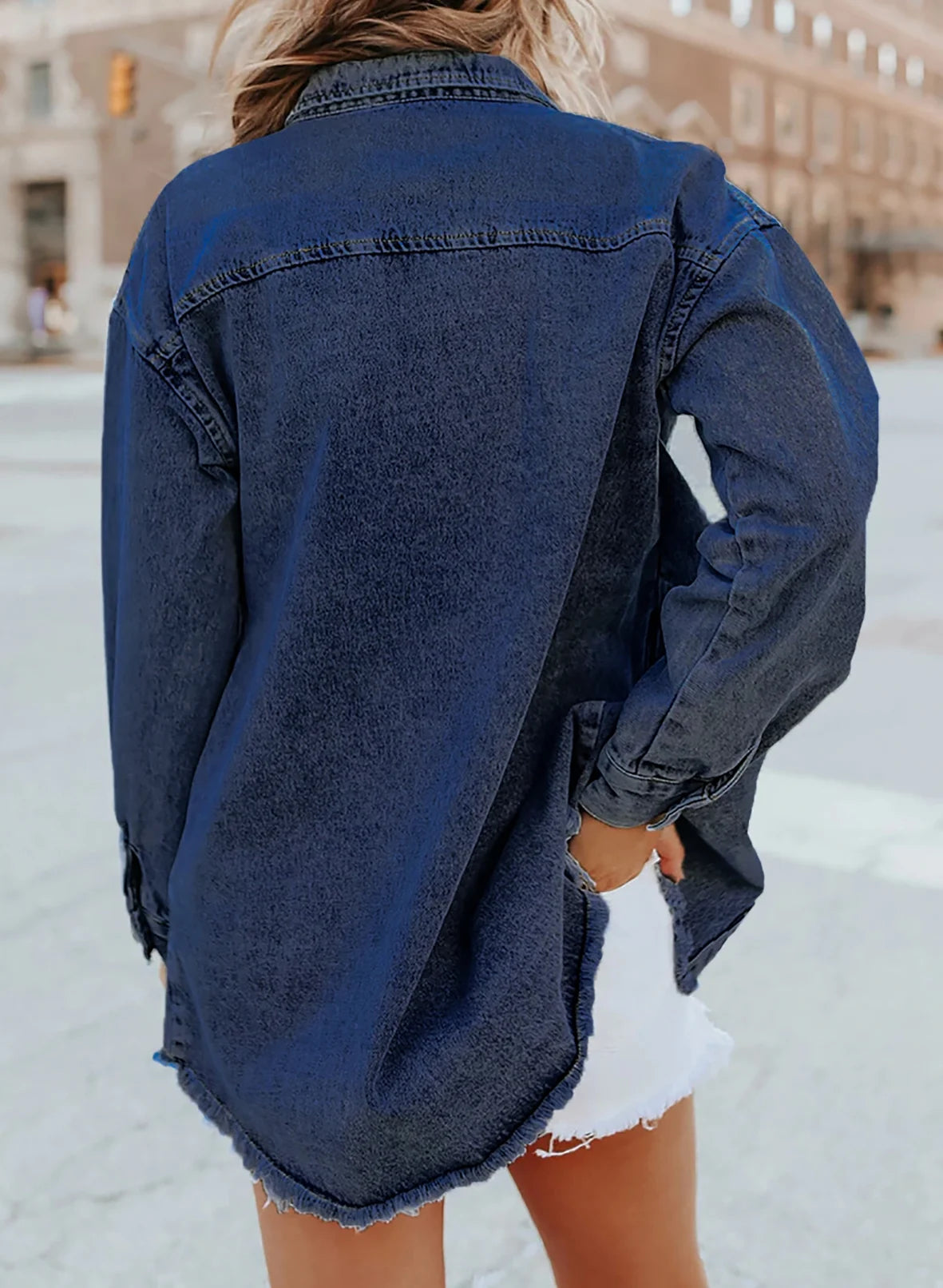 Women's Casual Long Sleeve Denim Jacket - Distressed Button-Down Boyfriend Shacket in Green