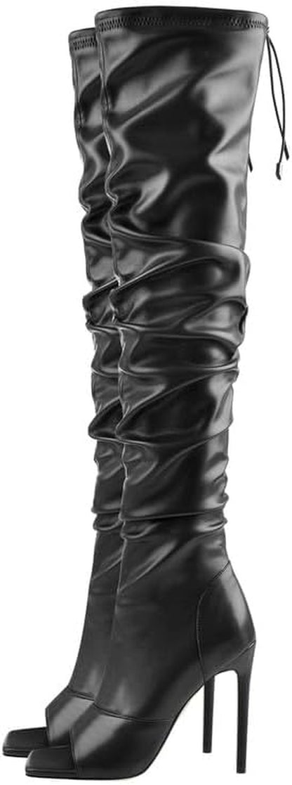 LISHAN Women's Stiletto Heel Knee and Thigh High Boots with Zipper and Peep/Closed Toe Variants