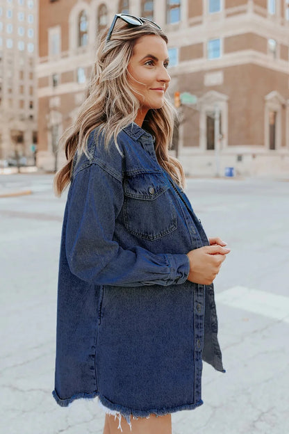 Women's Casual Long Sleeve Denim Jacket - Distressed Button-Down Boyfriend Shacket in Green
