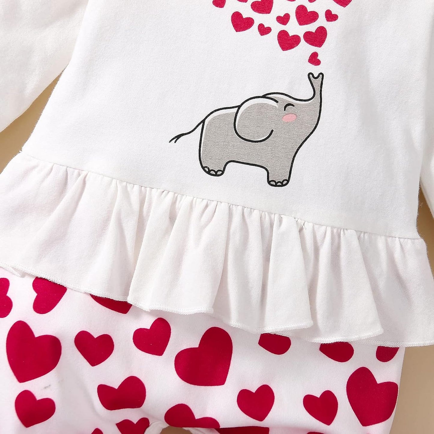 Adorable Newborn Baby Girl Fall Outfit - Long Sleeve Love Elephant Romper Jumpsuit with Matching Headband (White Red, 12-18 Months)