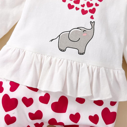 Adorable Newborn Baby Girl Fall Outfit - Long Sleeve Love Elephant Romper Jumpsuit with Matching Headband (White Red, 12-18 Months)