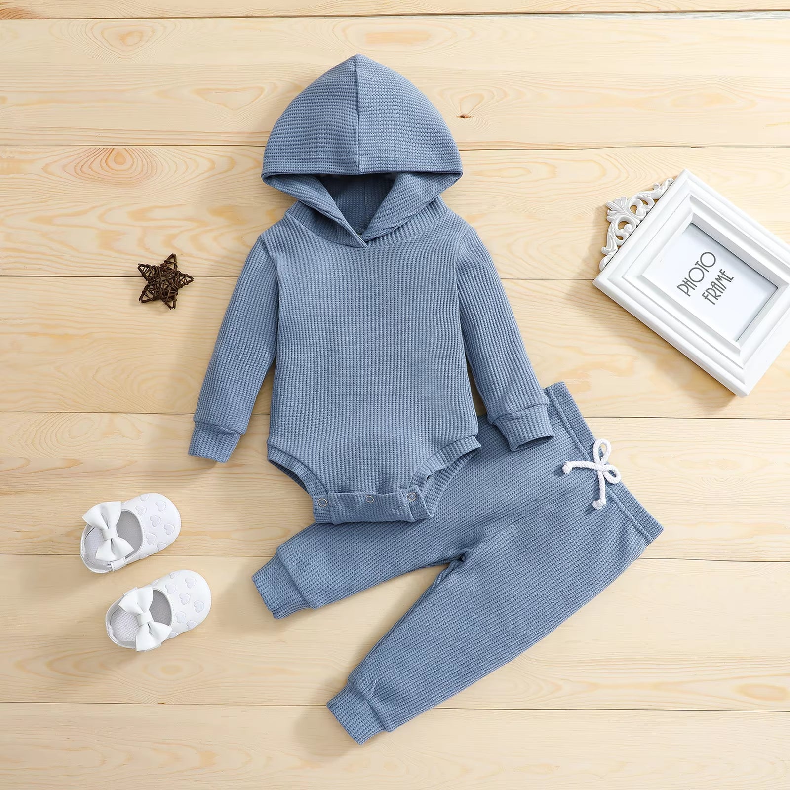 Hooded Jumpsuit and Trousers Set for Newborns in Solid Colors for Boys and Girls