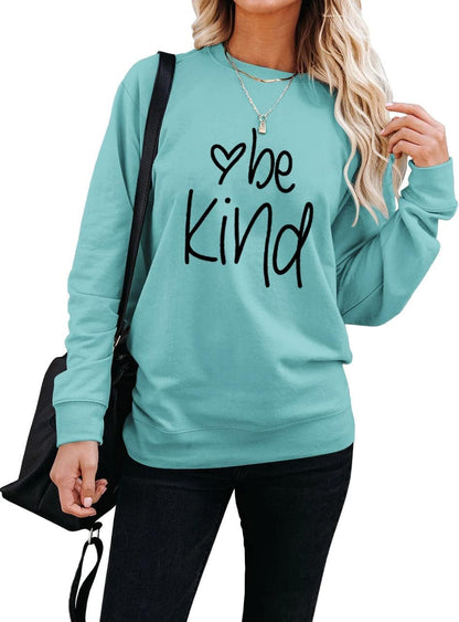 Dressmine Women's "Be Kind" Graphic Long Sleeve Sweatshirt - Casual Crew Neck Pullover in Blue Green, X-Large
