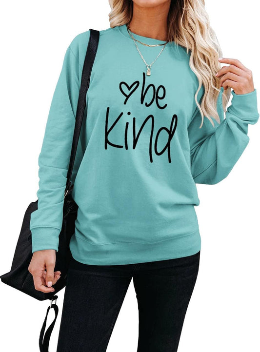 Dressmine Women's "Be Kind" Graphic Long Sleeve Sweatshirt - Casual Crew Neck Pullover in Blue Green, X-Large