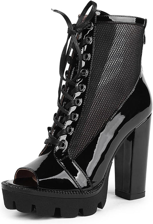 Wetkiss Women's Black Chunky Heel Combat Boots - High Heel Ankle Booties with Platform Design