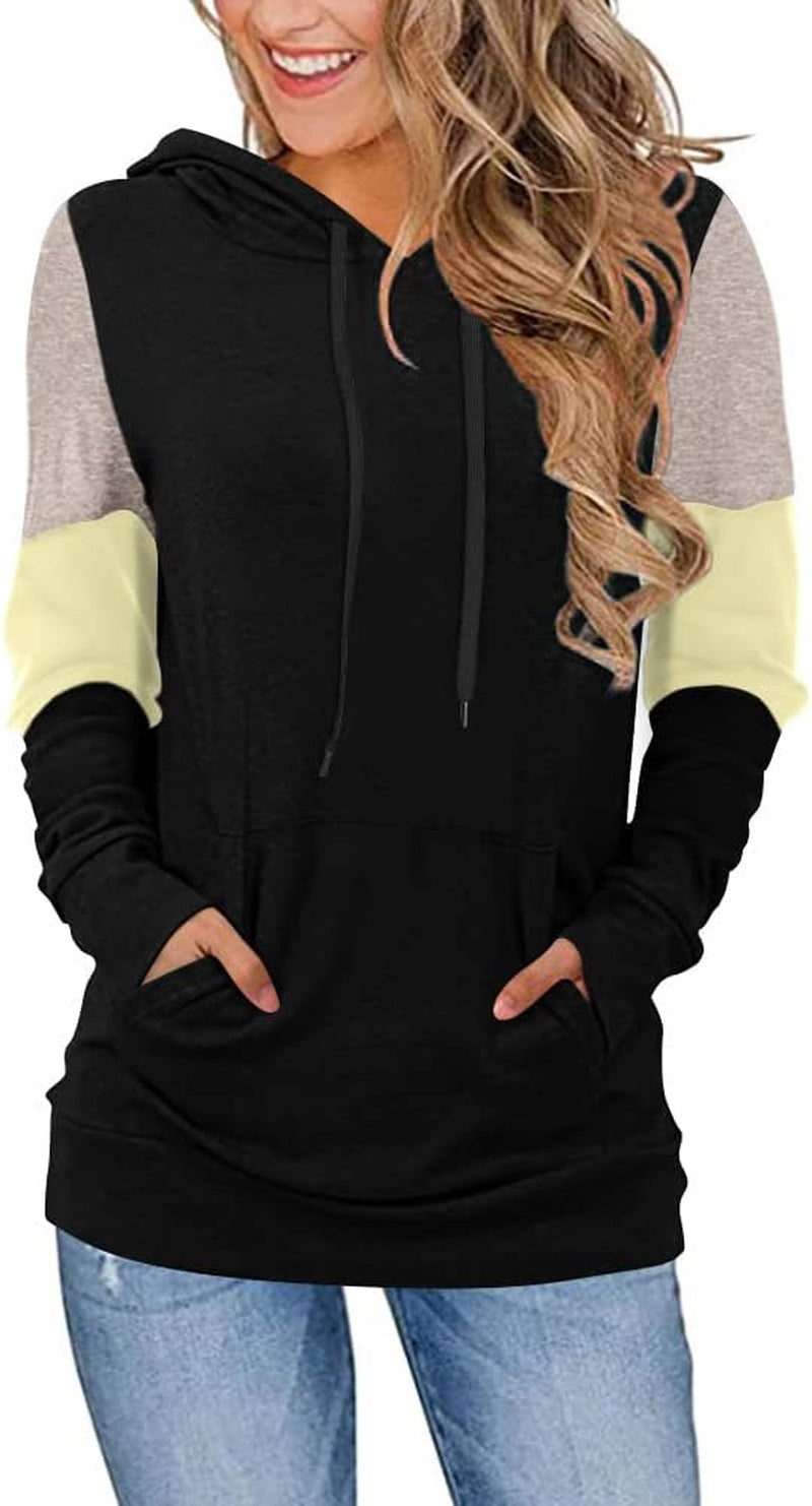 CATHY Women's Casual Color Block Long Sleeve Pullover Hoodie Tunic with Pocket