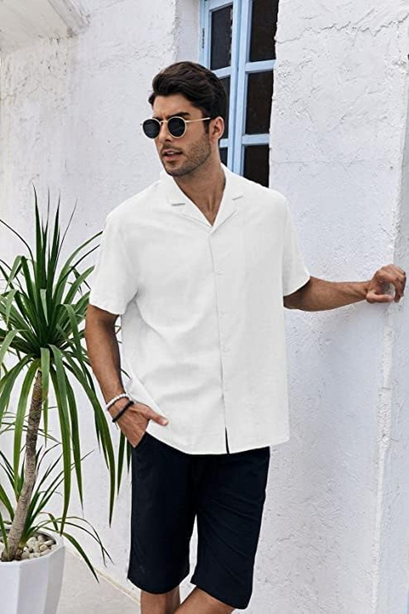 Rorina Men's White Short Sleeve Cotton Linen Camp Shirt - Perfect Casual Summer Beachwear