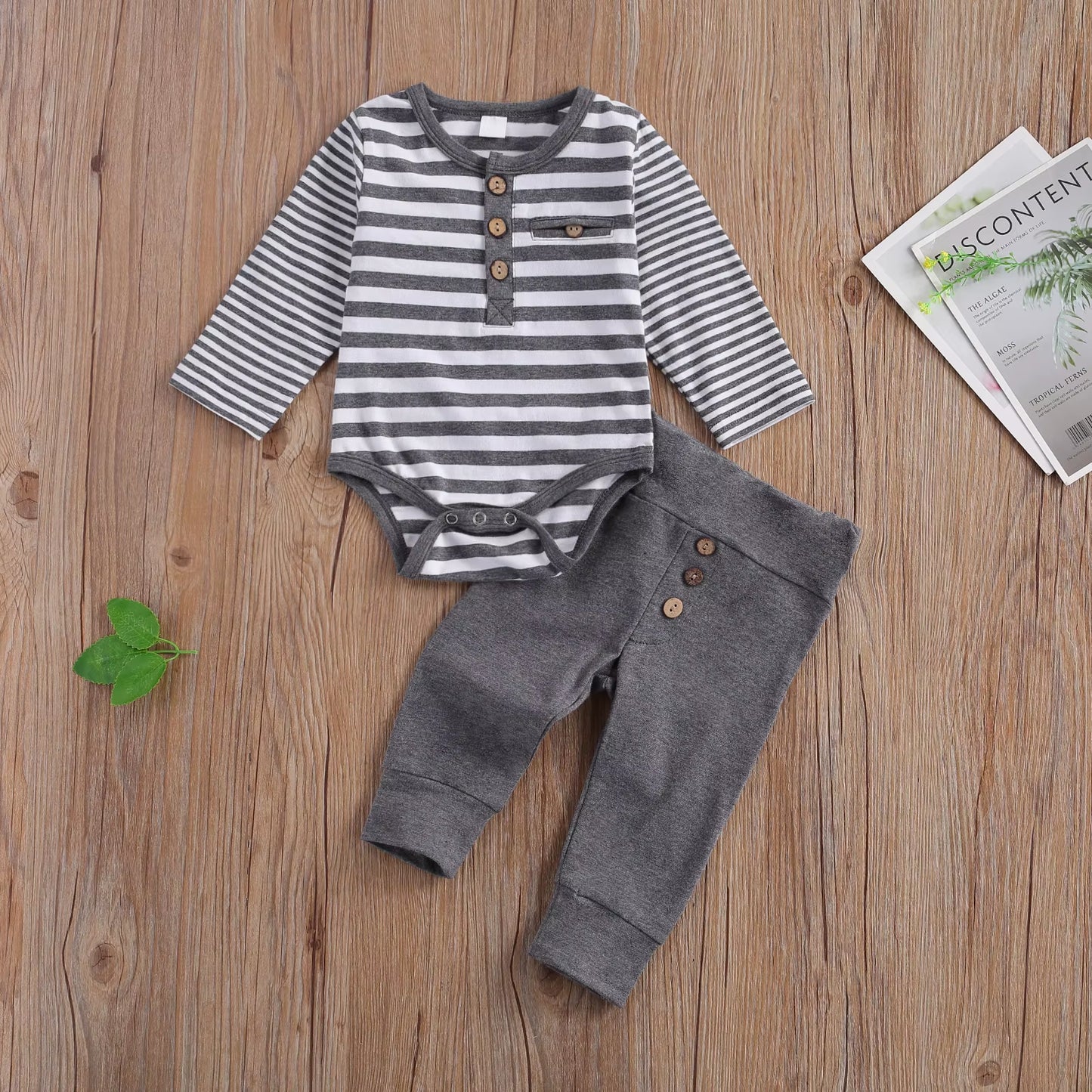 2-Piece Baby Casual Outfit Set Featuring Round Neck Long Sleeve Striped Romper and Button Detail Loose Trousers