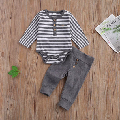 2-Piece Baby Casual Outfit Set Featuring Round Neck Long Sleeve Striped Romper and Button Detail Loose Trousers