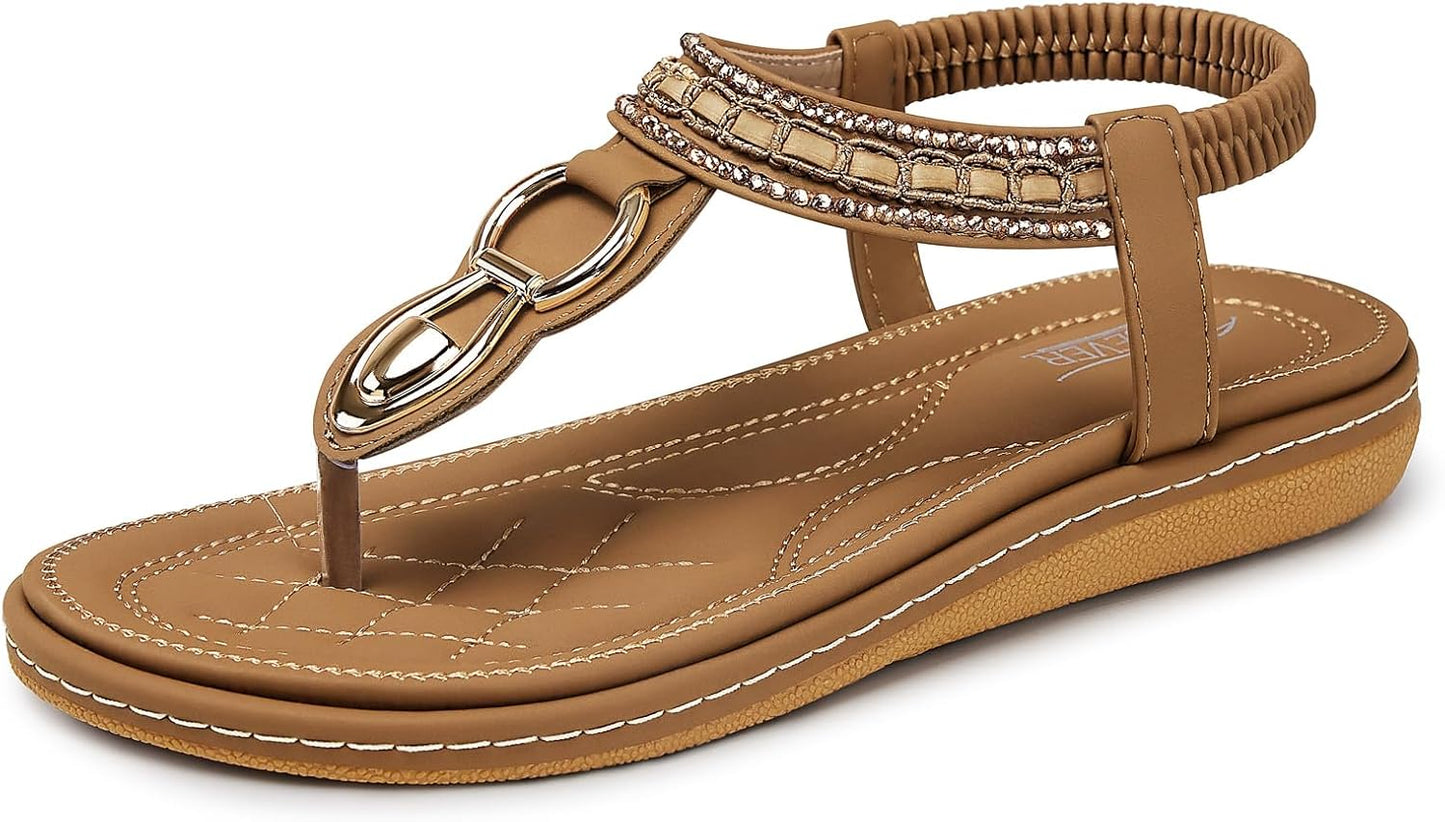 SHIBEVER Women's Elegant Summer Sandals: Comfortable Flat Bohemian T-Strap Casual Footwear