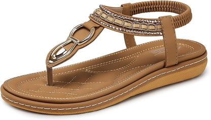 SHIBEVER Women's Elegant Summer Sandals: Comfortable Flat Bohemian T-Strap Casual Footwear