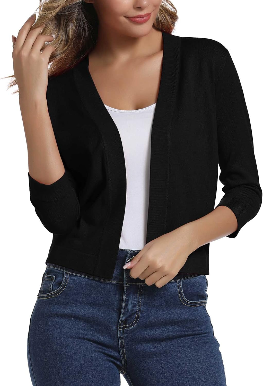 Urban Coco Women's Sophisticated 3/4 Sleeve Cropped Cardigan Sweater Shrug