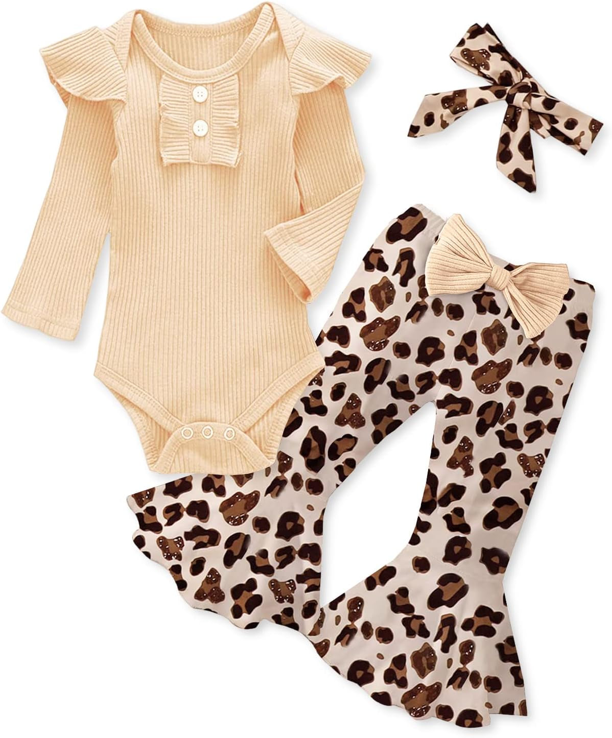 Adorable Kislio Newborn Baby Girls Outfit Set - Ribbed Ruffled Romper, Floral Pants & Matching Headband