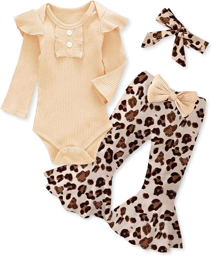 Adorable Kislio Newborn Baby Girls Outfit Set - Ribbed Ruffled Romper, Floral Pants & Matching Headband
