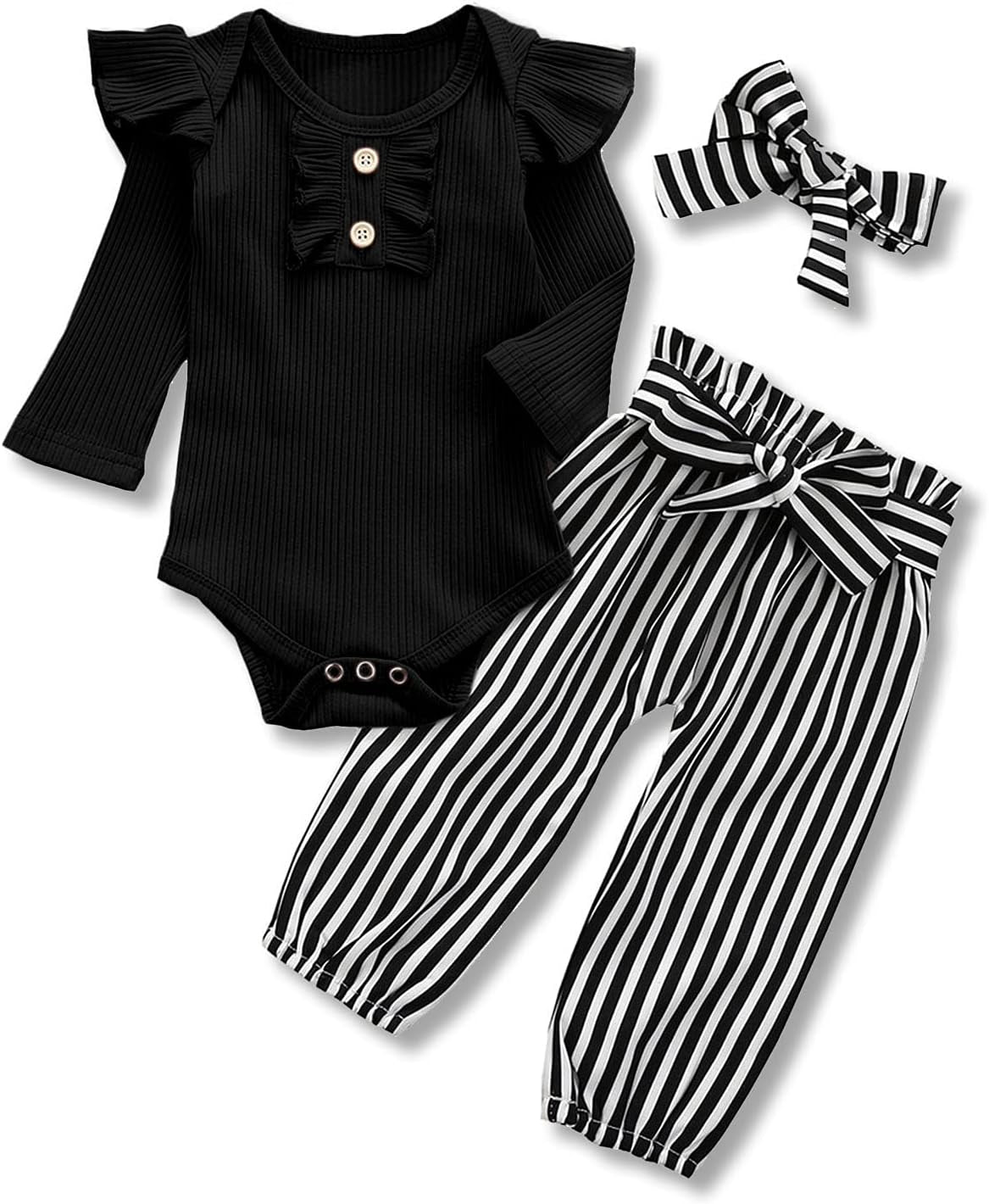 Adorable Kislio Newborn Baby Girls Outfit Set - Ribbed Ruffled Romper, Floral Pants & Matching Headband