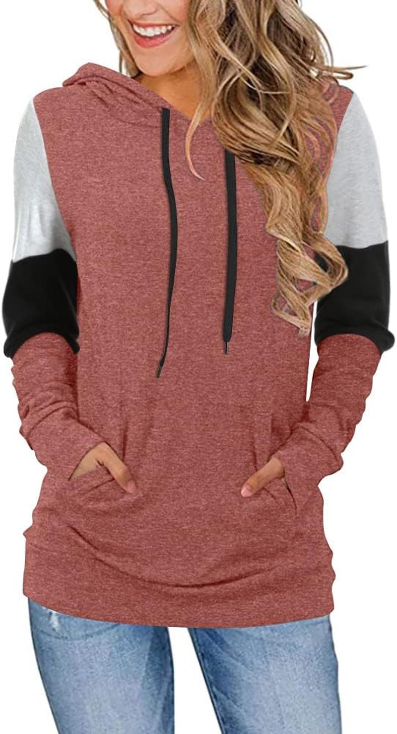 CATHY Women's Casual Color Block Long Sleeve Pullover Hoodie Tunic with Pocket