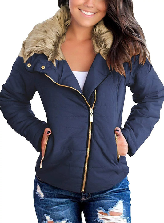 Women's Quilted Puffer Parka Coat with Faux Fur Lapel and Pockets, Sizes S-2XL