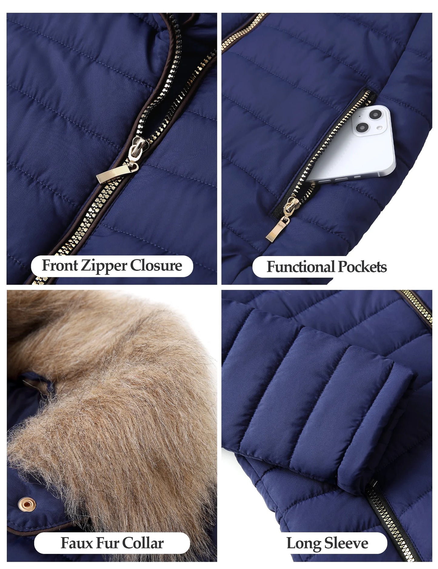 Women's Quilted Puffer Parka Coat with Faux Fur Lapel and Pockets, Sizes S-2XL