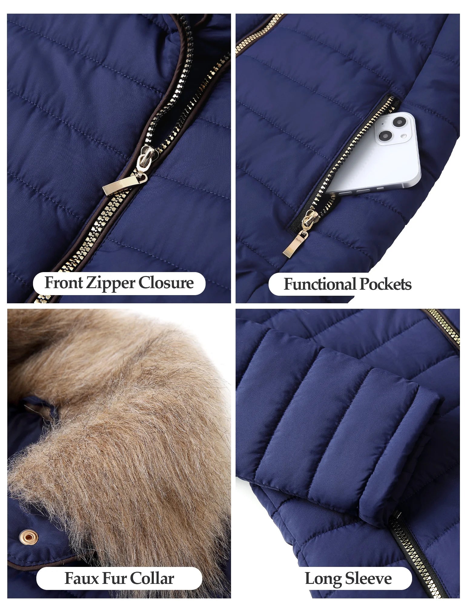 Women's Quilted Puffer Parka Coat with Faux Fur Lapel and Pockets, Sizes S-2XL