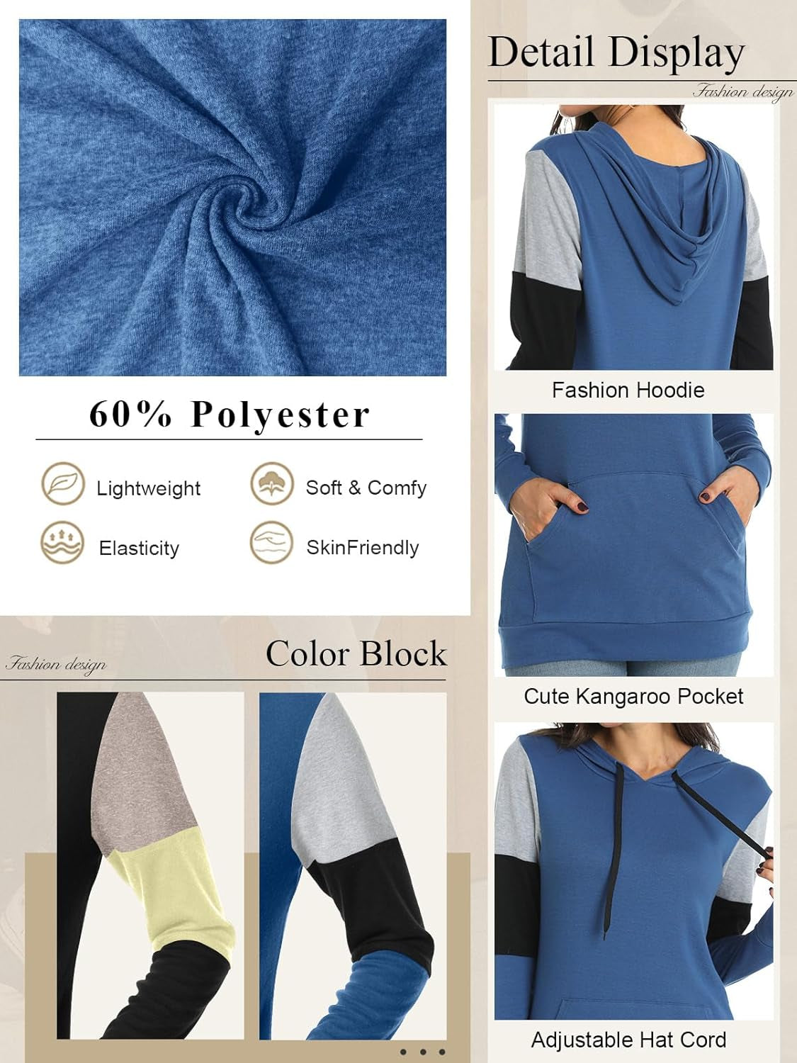 CATHY Women's Casual Color Block Long Sleeve Pullover Hoodie Tunic with Pocket