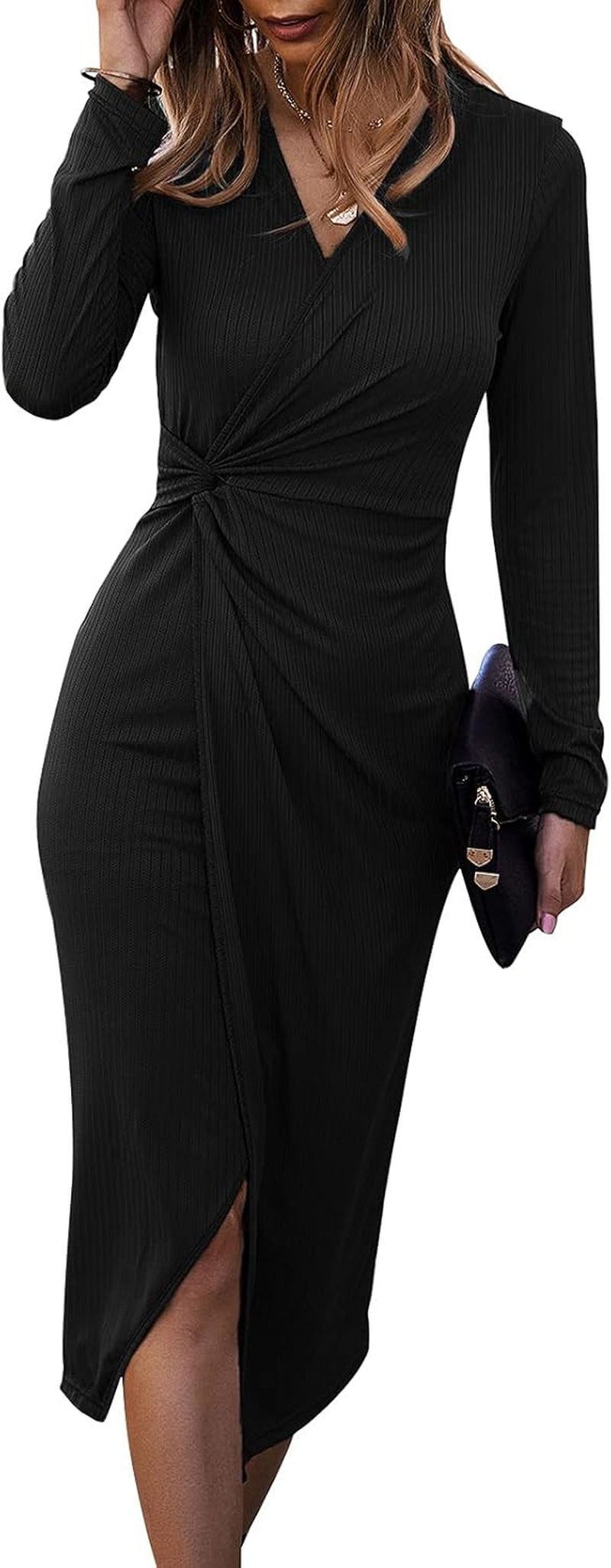 SHIBEVER Women's Long Sleeve Midi Dress: Casual V-Neck Ribbed Knit Bodycon with Twist Waist and Slit for Cocktail Events