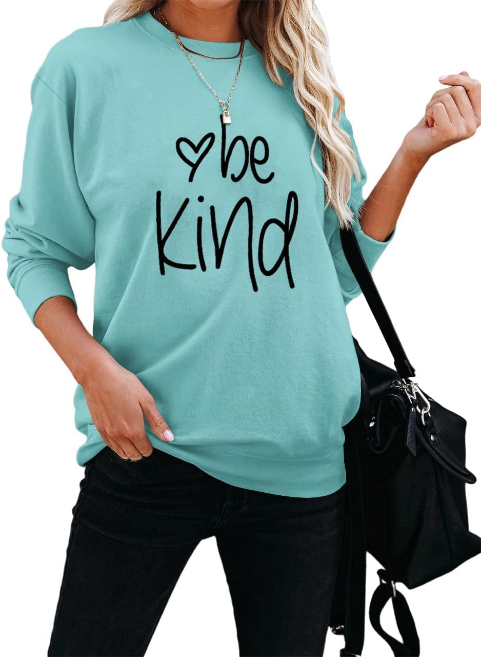 Dressmine Women's "Be Kind" Graphic Long Sleeve Sweatshirt - Casual Crew Neck Pullover in Blue Green, X-Large