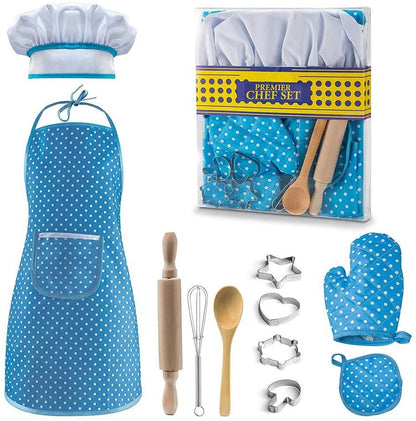 Deluxe Kids Cooking Set - 11-Piece Chef Role Play Kit for Girls Ages 3-6 with Apron, Chef Hat, Oven Mitt, Utensils & Baking Tools - Perfect Birthday & Festival Gift in Blue!